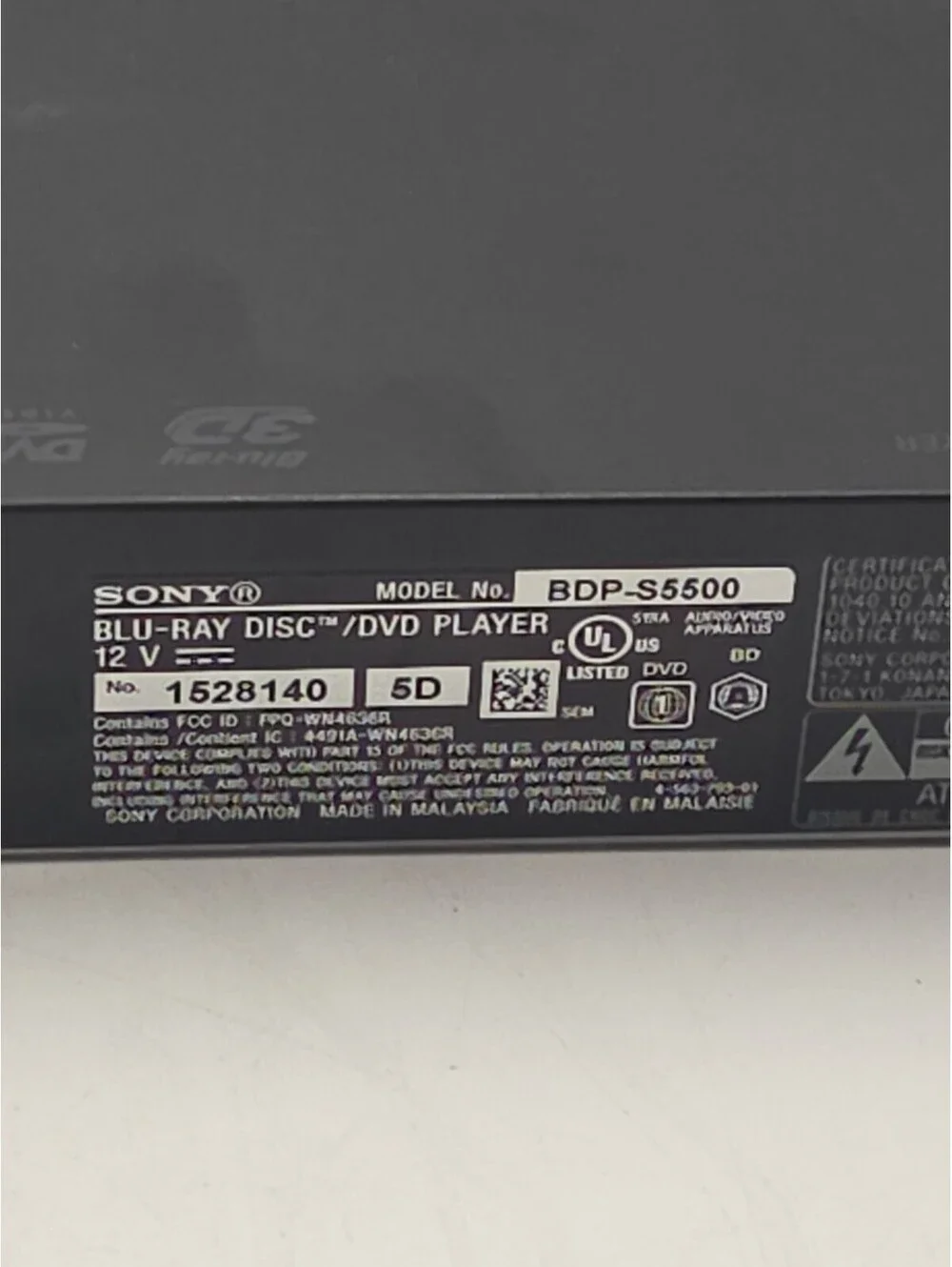Sony BDP-S5500 3D Blu-ray DVD Player Built-In WiFi w/ Power Adapter No Remote